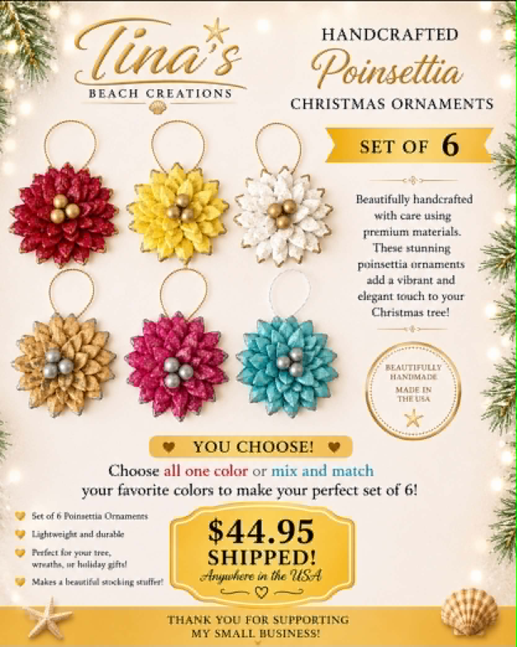 Handcrafted Poinsettia Christmas Ornaments – Set of 6 (Choose Your Colors)