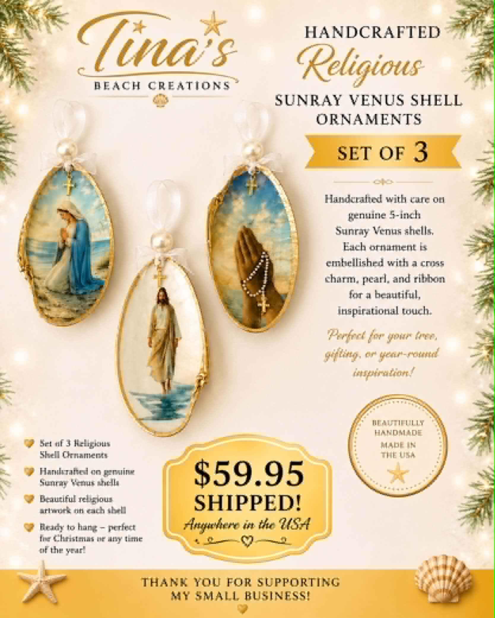 Handcrafted Religious Sunray Venus Shell Ornament Set – Set of 3